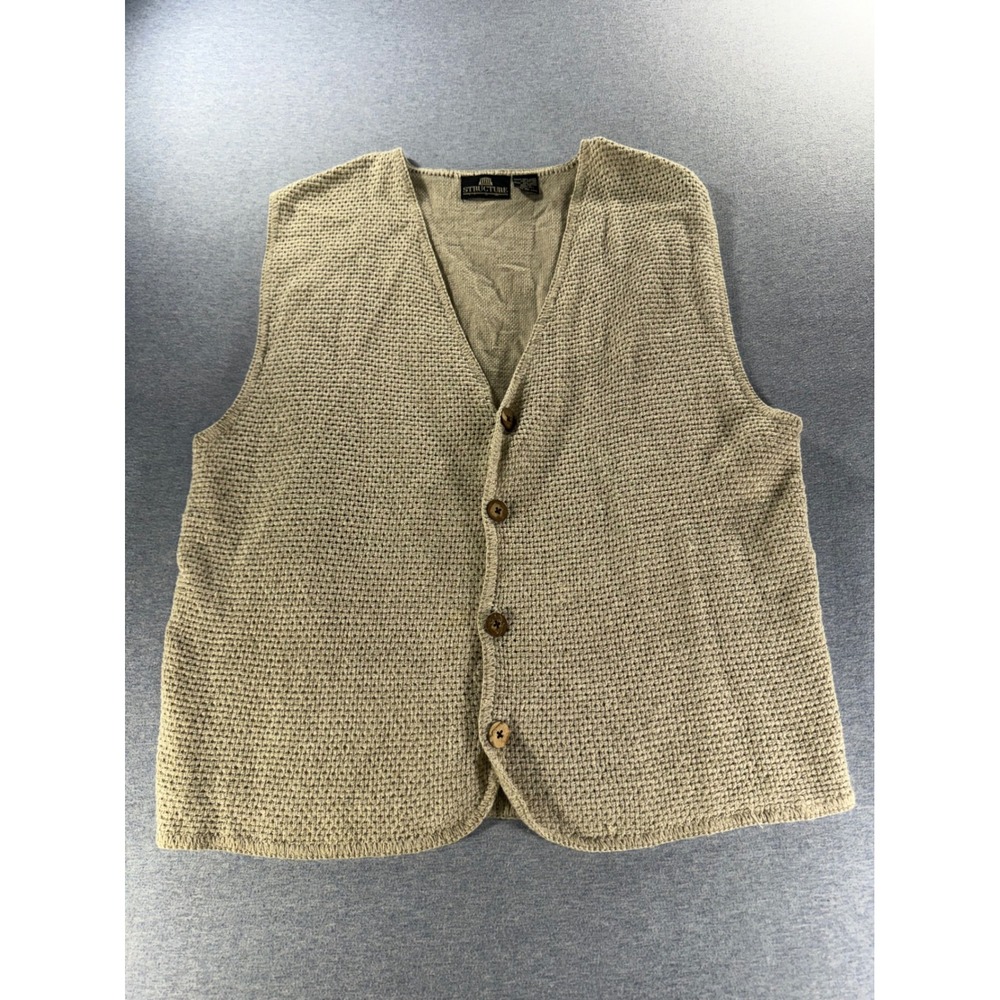 Vintage Structure 90s Men Tan Linen Blend Knit Button Front Sweater Vest Large